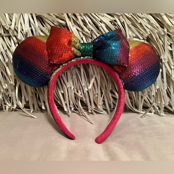 DISNEY PARKS Rainbow Sequins Minnie Mouse Ears Headband Pink Red Purple Blue - Picture 1 of 9